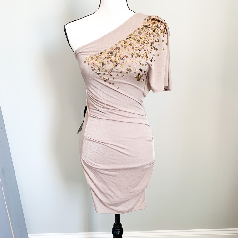 NWT Metallic Bebe One Shoulder Dress